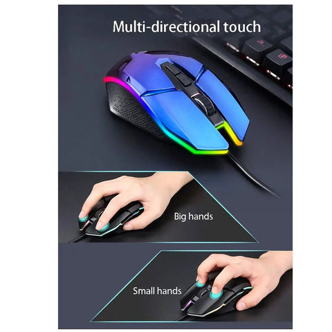 Game Ready Led Wired Mechanical Keyboard And Mouse Combo With Multimedia Keys Solid Aluminum Base showcasing multi-directional touch mouse for all hand sizes.
