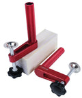 Woodworking Workbench Dog Clamps For 19mm And 20mm Holes, Aluminum Holdfasts shown in red finish securing a wooden block.