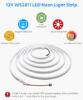 12V WS2811 LED Neon Light Strip with dynamic color display and 6-LED addressable design, shown coiled and unlit