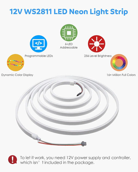 12V WS2811 LED Neon Light Strip with dynamic color display and 6-LED addressable design, shown coiled and unlit