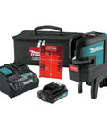 Dead On Accuracy 12V Cordless Self Leveling Laser Kit With Bright Red Cross Beams And Lightweight 2 Ah Battery showing laser tool, charger, and targets.
