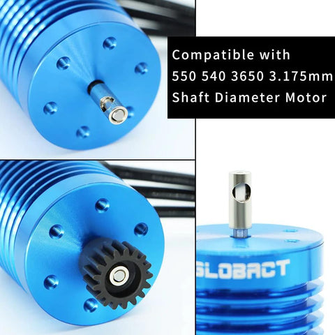 GLOBACT blue aluminum RC motor with steel pinion gear and shaft adapter sleeve