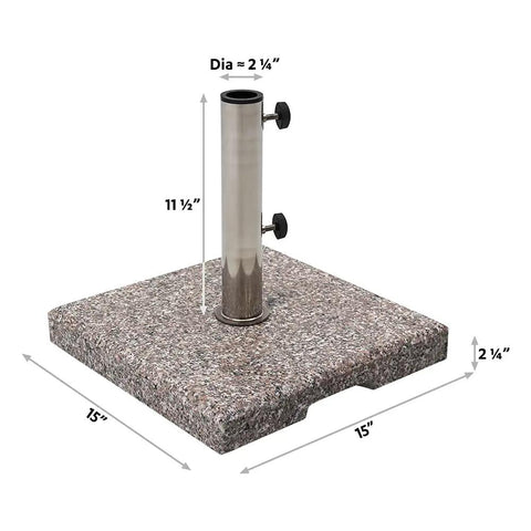 Beefy Granite Patio Umbrella Base Free Standing Stone Stand In Weather Resistant Grey 42 Lb Weight Square Design That Secures 38mm To 48mm Umbrella Poles Outdoor Market Style Base For Durable Patio Setup, showing dimensions and square design.