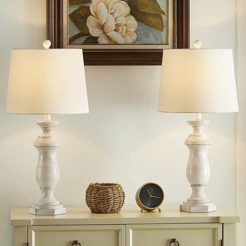 27 Inch Farmhouse Table Lamps Set Of 2 For Living Room Rustic End Table Lamps With White Fabric Shade Antique White Finish 3 Way Dimmable Bedside Nightstand Lighting For A Cozy Vibe shown on dresser