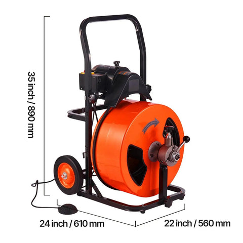 Heavy Duty Automatic Feed Drain Auger Sewer Snake Cleaning Machine, 35 inch, orange drum, with air foot switch for tackling clogs.