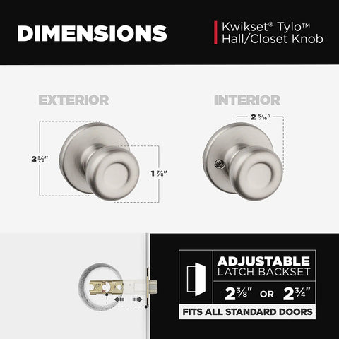 Dimensions of Tylo Interior Passage Door Knob For Closet And Hallway Doors Non Locking Doorknob Satin Nickel With Microban Protection