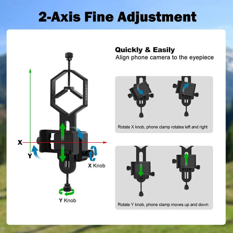 2 Axis Phone Scope Mount For Telescopes and Microscopes universal adapter illustration showing X/Y adjustment knobs