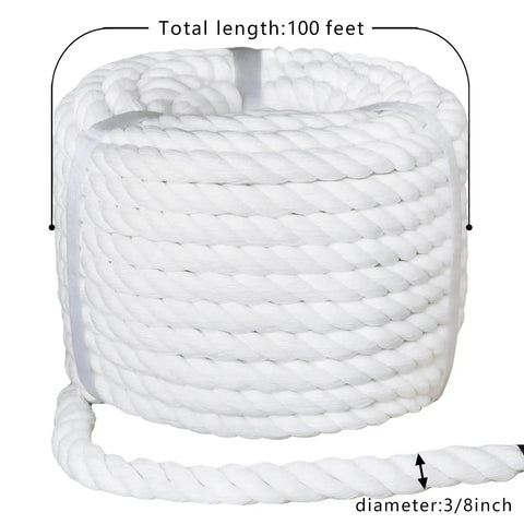 White Cotton Rope Three Eighths Inch Thick Twisted Craft Rope, 100 Feet, Eco Friendly Natural Cord spool showing length and diameter