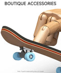 Wooden finger holding a skateboard from the Dope Wooden Fingerboard Deck Kit With Pro Foam Tape And Multicolor Wheels.