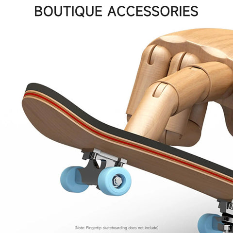 Wooden finger holding a skateboard from the Dope Wooden Fingerboard Deck Kit With Pro Foam Tape And Multicolor Wheels.