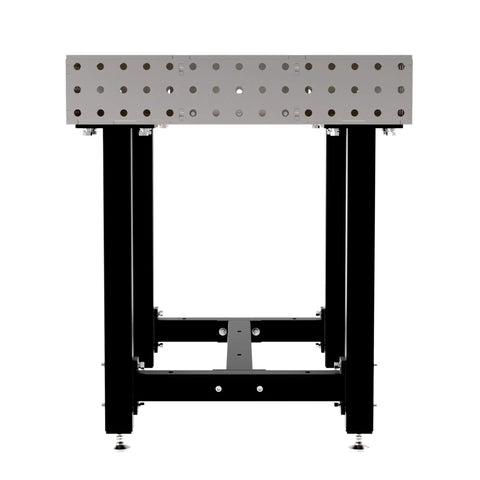Hardcore Heavy Duty Steel Welding Fixture Table With Laser Cut Holes And Adjustable Levelers For Your Shop Rig And 48X30 Grind Ready Metal Fabrication Setup, front view showing steel plate and legs.