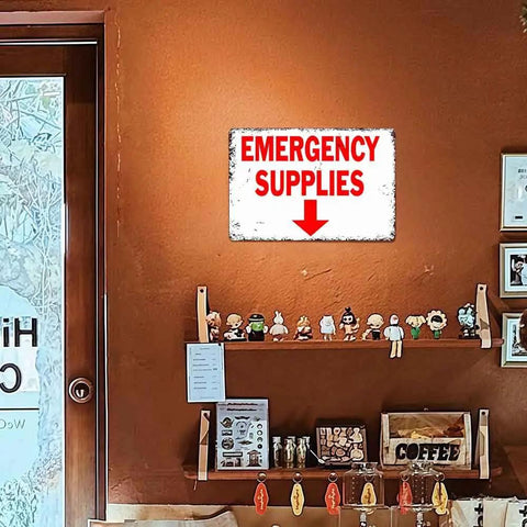 12 X 8 Inch Aluminum Emergency Supplies Directional Metal Sign Rugged Workhorse Built Tough Weatherproof Arrow Sign For Home, Garage, Warehouse, And Bunker With Easy Hanging Installation. Wall-mounted emergency supplies arrow sign in a room
