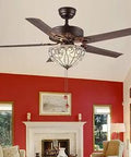 Chandelier Style Ceiling Fan With LED Light, Bronze Finish, 48 Inch, 5 Reversible Metal Blades in a living room setting.