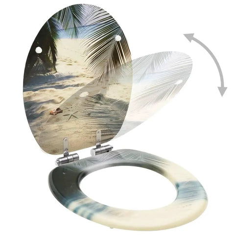 Heavy Duty Dual Pack Toilet Seats Featuring Soft Close Lid Solid MDF Build with beach design and slim profile for bathrooms.