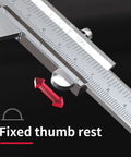 Close-up of Vernier Caliper Dual Reading Scale 0-6 Inches And 0-150mm Metal Gauge Tool with fixed thumb rest focus.