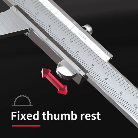 Close-up of Vernier Caliper Dual Reading Scale 0-6 Inches And 0-150mm Metal Gauge Tool with fixed thumb rest focus.