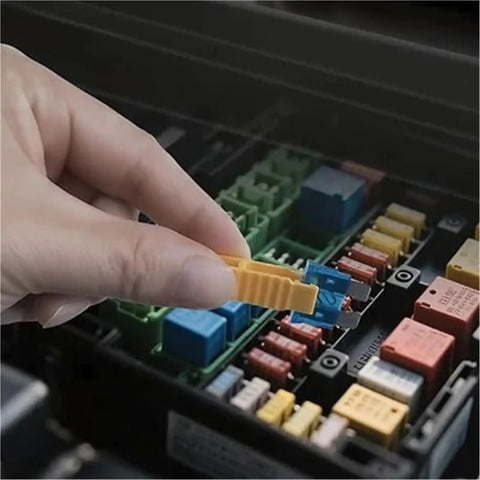 Hand using puller from Car Fuses Assortment Kit 1200 Pieces with 520 Standard Fuses and 680 Pullers, 2A to 40A Zinc, Color Coded