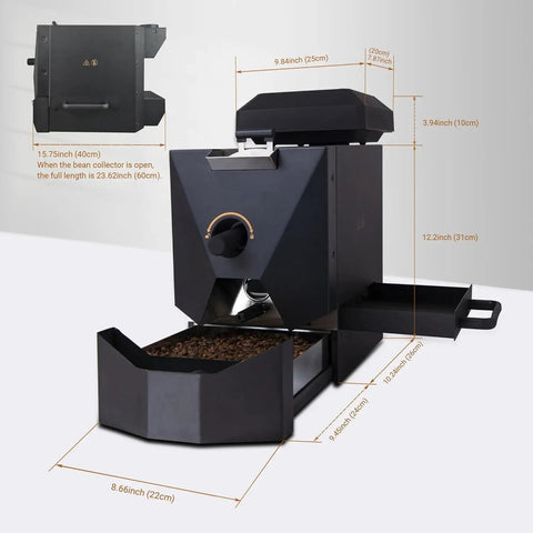 Kickstart Your Daily Grind With This Precision Home Electric Coffee Roaster Featuring Direct Fire Temperature Control Smoke Filter Chaff Collector And Stainless Hopper For Serious Roasting, full view with dimensions.