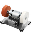 96W Dual Wheel Benchtop Sander Grinder With Variable Speed Control 3000-6000 RPM Copper Motor For Jewelry DIY Hobby Model Making Fine Coarse Sanding Wheels Included Smooth And Powerful Tabletop Tool on a metallic base with red and white wheels.