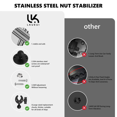Comparison chart highlighting stainless steel nut stabilizer features for Anti Vibration Trolling Motor Stabilizer Mount For Yaks And Small Boats.