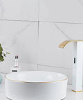 Touchless Bathroom Vessel Faucet With Motion Sensor No-Touch Hands Free Deck Mounted Water-Saving Lavatory Tap In White Gold One-Hole Bowl Sink Faucet For Vanity