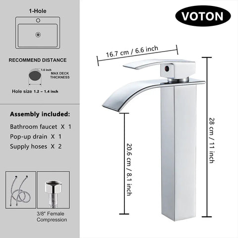 Vessel Sink Faucet Chrome Modern Tall Waterfall Style With Single Handle And One Hole Install For Vanity Bathroom RV Camper And Farmhouse Washroom Dope Splash Free Water Saving Lavatory Faucet shown with dimensions and accessories.