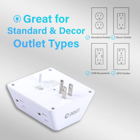 Back view of Six Outlet Wall Tap Extender With Surge Protector 900J Three Side Wide Spaced Power Strip with outlet types