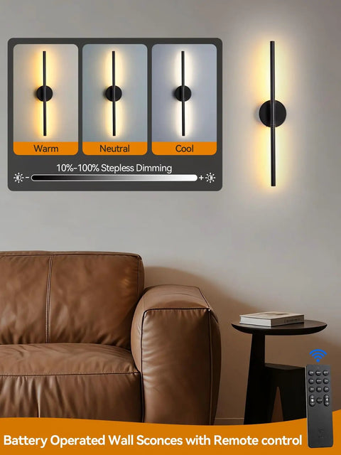Modern Cordless Wall Sconces Set Of 2 With Remote And Touch Dimming Rechargeable Battery Operated Led Lights For Bedroom Hallway 3000k To 6000k Sleek Black Metal Knockout Vibe Dead Simple Setup showcasing dimming settings on wall.