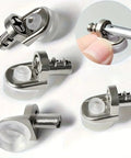 Heavy Duty Shelf Brackets With Glass Cabinet Shelf Pins in metal and plastic, close-up detail view
