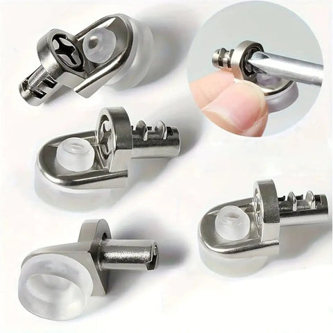 Heavy Duty Shelf Brackets With Glass Cabinet Shelf Pins in metal and plastic, close-up detail view