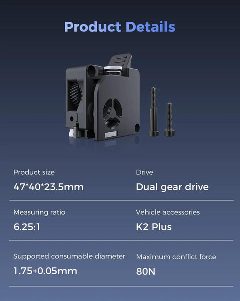 K2 Plus Extruder Kit With Built In Filament Runout Sensor, Beefed Up 80N Torque, Dual Gear System For Smooth Precise Filament Feeding, Easy Upgrade For K2 Plus K2 And K2 Pro Machines, 47x40x23.5mm