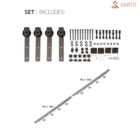 Hardware set for Double Barn Sliding Doors In Matte White 84 By 96 With Black Hardware 14 Ft Rails