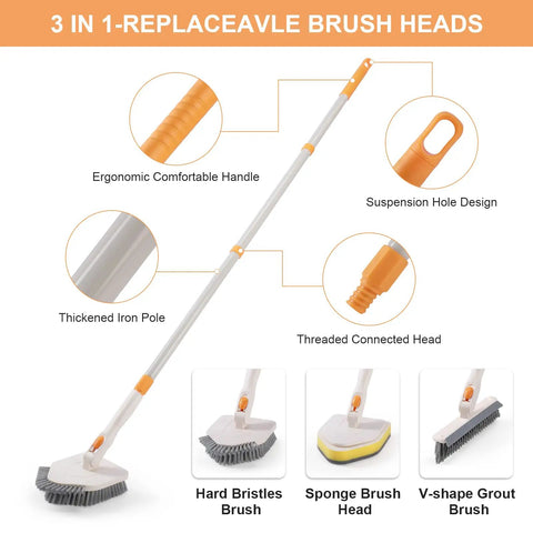 3 In 1 Shower Scrubber With Long 50 Inch Handle Set, ergonomic handle, suspension hole, iron pole, and 3 brush heads