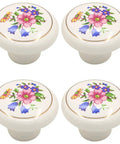 Ceramic Hand Painted Drawer Knobs Four Pack Vintage Floral Cabinet Pulls For Dresser Cupboard Wardrobe And Closet With Glossy White Flower Design And Smooth Operation