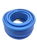 No BS 3 8 Inch Air Compressor Hose 50 Feet Long With Flexible Hybrid Rubber Build For Kicking Out Oil And Abrasion Issues Plus Being Weather Proof For Outside Use And Brass 1 4 MNPT Connectors Attaching To Any Tool You Got For Gritty Work. Blue coiled 3/8-inch air compressor hose with brass fitting