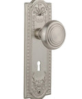 Meadows Plate With Keyhole Deco Knob Privacy Lockset Satin Nickel 2.75 Backset Solid Forged Brass Plates With Lead Crystal Knobs