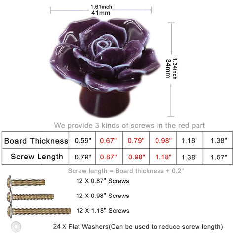 12 Pack Purple Rose Ceramic Knobs For Cabinets And Dressers Rose Flower Vintage Style Pulls With 3 Screw Sizes shown with dimensions