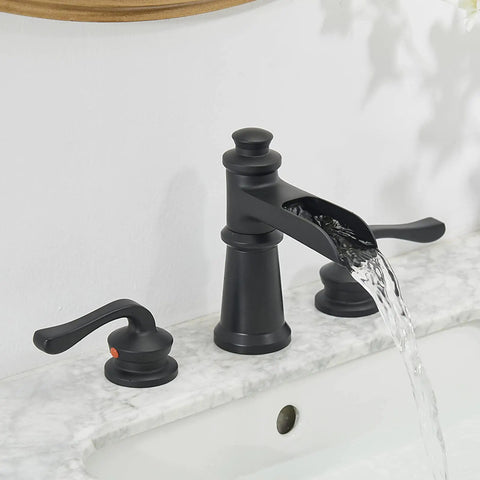 Black Waterfall Bathroom Faucet With 8 Inch Widespread Arc, Dual Lever Handles, Farmhouse Style 3-Hole Vanity Faucet