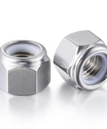 Bulletproof 100 Piece Self Clinching Nuts Kit Built From Tough 304 Stainless Steel With Nylon Insert Hex Lock Nuts, two nuts displayed.