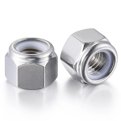Bulletproof 100 Piece Self Clinching Nuts Kit Built From Tough 304 Stainless Steel With Nylon Insert Hex Lock Nuts, two nuts displayed.