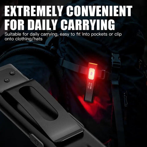 Pocket LED Flashlight With Clip On Magnetic Base And Dual Light Sources For EDC Five Modes And 500 Lumens For Everyday Carry Camping Hiking Night Work And Emergencies Green clipped to a backpack.