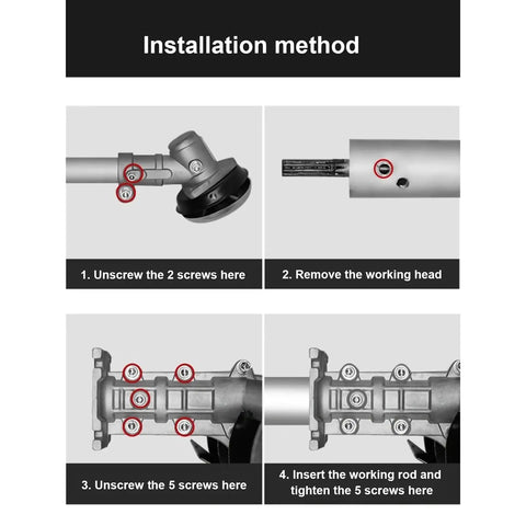Installation steps for Weed Removal Hand Tool With Tiller Cultivator Wheel Rotary Grass Cutter Attachment for lawn care.