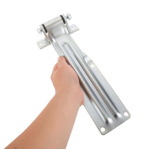 Built Tough Heavy Duty Vehicle Door Hinge For Utility And Semi Trailers With Anti Corrosion Finish Keeps Cold Storage Temperature Stable And Is Ideal For Freezers, Refrigerated Vehicles, And Garage Door Replacements. long steel trailer hinge held in hand