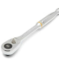 Three Eighths Inch Drive 90-Tooth Quick Release Teardrop Ratchet With 4-Degree Swing Arc For Tight Spots And Ball Detent Socket Retention