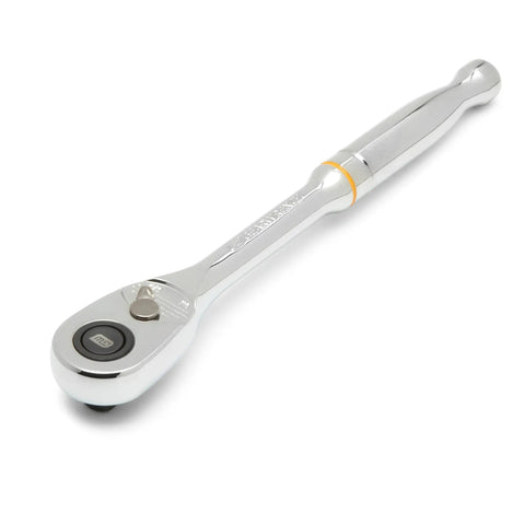 Three Eighths Inch Drive 90-Tooth Quick Release Teardrop Ratchet With 4-Degree Swing Arc For Tight Spots And Ball Detent Socket Retention