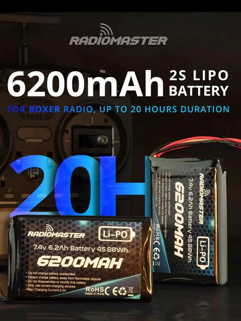 Beefy 7.4V 2S 6200mAh LiPo Battery With XT30 JST XH Connector displayed with 20-hour duration text for Boxer TX16S