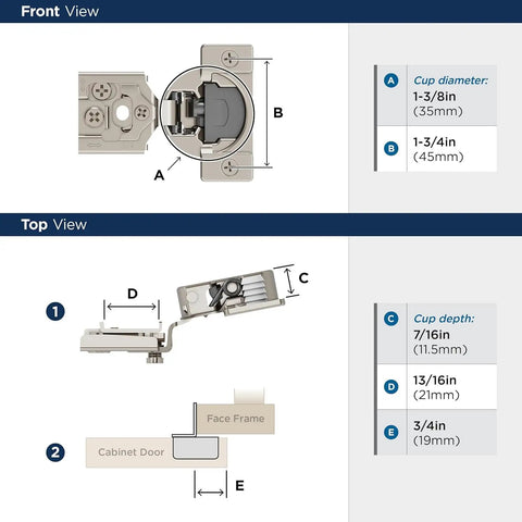 Top Tier Heavy Duty Soft Closing Concealed Cabinet Hinges Three Quarter Inch Overlay Face Frame Mount Compact Build One Pair front and top view dimensions
