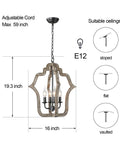 Cozy Rustic Farmhouse Wood Chandelier Pendant Light for Dining Room and Kitchen with size and ceiling suitability details.