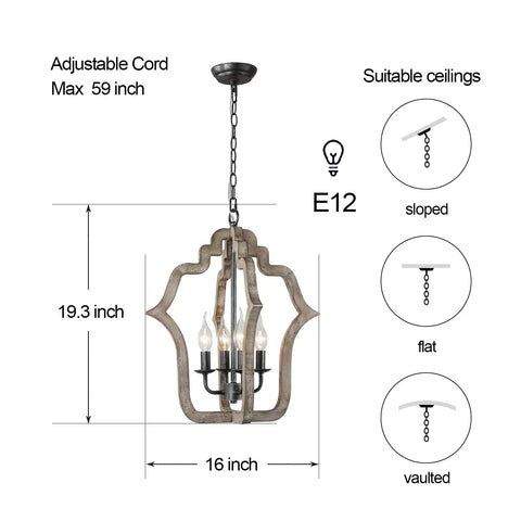 Cozy Rustic Farmhouse Wood Chandelier Pendant Light for Dining Room and Kitchen with size and ceiling suitability details.