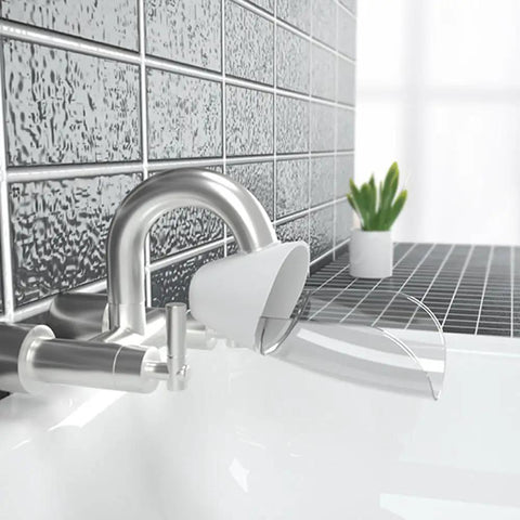 Toddler Faucet Extender 4 Pack Splash Free Sink Water Guide Kid Handwashing Helper Super Handy Bathroom Tap Adapter directing water.